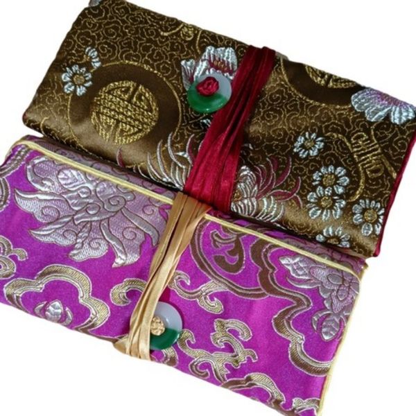 Bolsas de almacenamiento de joyas enrolladas con cremallera de viaje personalizadas, bolsa de maquillaje con cordón, tela de brocado de seda china, bolsa con cremallera múltiple, 10 Uds.