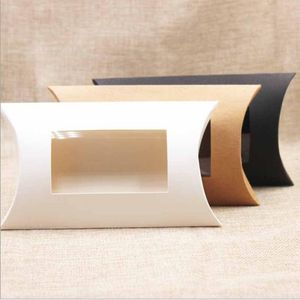 10 stks DIY Blanco Bruin/Wit/Zwart papier Geschenkdoos Kleine kussen Candy Box met Clear PVC Window Kraft Paper Windowboxen