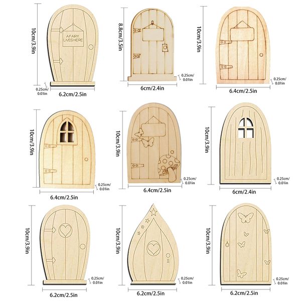 10pcs DIY peinture en bois miniatures portes de fées artisanat kit de fées et fenêtres de maison de poupée, portes de fées en bois non peintes