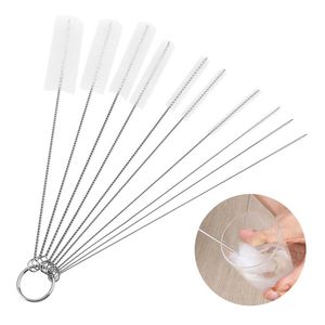 10 pièces pailles à boire brosses de nettoyage ensemble tuyau en Nylon brosse pour bouteille claviers bijoux poignée en acier inoxydable outils de brosse propre