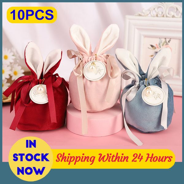 10 pcs Pâques Mignon Lapin Cadeau Emballage Sacs Velours Saint Valentin Chocolat Bonbons Sac De Mariage Fête D'anniversaire Bijoux Organisateur 220420