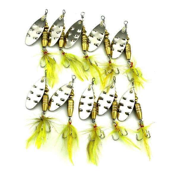 10 pièces hameçons de pêche en plumes, queue de coq, leurres de cuillère rotatifs en ligne pour la pêche au bar, à la truite, appâts 6.8CM/7.4G, Spinners