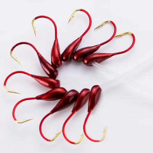 10pcs de pesca gancho de púas gusano rojo volcado para la cabeza con señuelos de cebo carpas de pescado accesorios