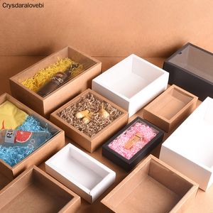 10 -st vouwen kraft papieren doos met transparante pvc raam zwarte verpakking cadeaubon bruiloft verjaardag feest snoepkoekjes cake box