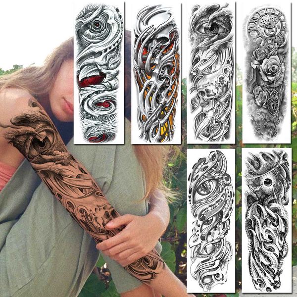 10 Uds. Tatuajes adhesivos de moda de brazo completo ojos malvados realistas temporales para mujeres y hombres manga falsa calavera de muerte pasta de rosa
