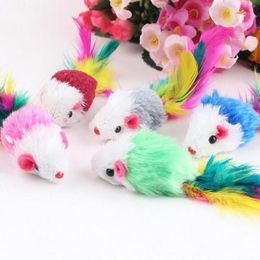 10 Uds. Divertidos juguetes para gatos y ratones falsos de lana suave, juguete para gatitos con plumas coloridas, Color aleatorio 12667