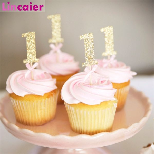 10pcs Glitter Paper 1 Cupcake Toppers Feliz cumpleaños One Cake Topper Suministros de decoración de pasteles Baby Girl Boy 1st Decoración Y200618