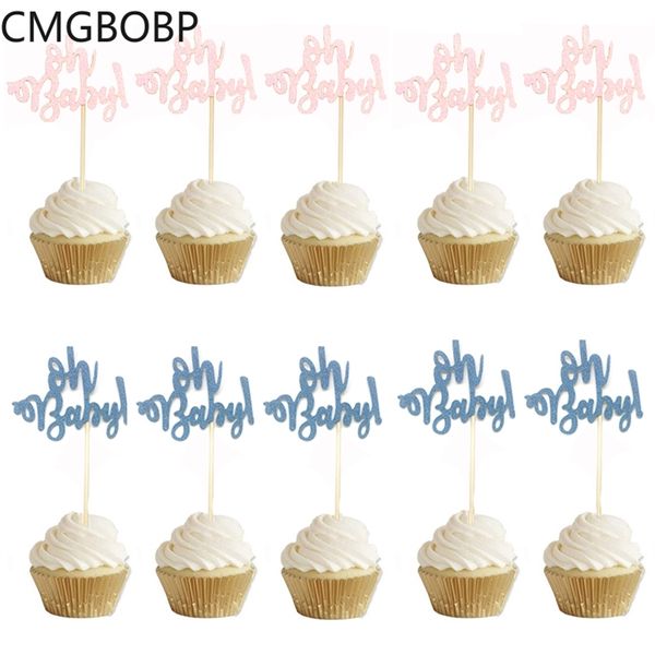 10pcs paillettes papier cupcake toppers un gâteau topper 1er anniversaire gâteau décoration oh bébé fille garçon bébé douche fête fournitures 211216