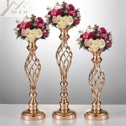 10PCS Gold Flower Vases Candle Holders Rack Stands Wedding Decoration Road Lead Table Centerpiece Pillar Party Event Candlestick Y200109