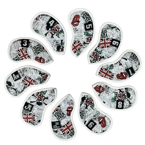 10pcs Golf Iron HeadCover UK Flag Skull With Number Tags épais PU Artificial Leather Club Head Cover 240411