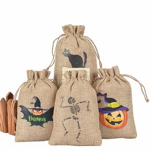 10pcs Halen Candy Bag Burlap Drawstring Pumpkin Gift Bags para niños Favores de fiesta Halen truco o bolsa de trato w3xy#