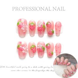 10pcs uñas falsas hechas a mano 3D Pink Strawberry Diseño de uñas falsas para mujeres Decoración de uñas de uñas coreanas Press en uñas 240522