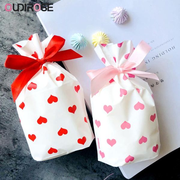 10 Uds. Bolsas con cordón de puntos redondos con forma de corazón, bolsa de embalaje de plástico con lazo, Mini bolsa de regalo, suministros de paquete para hornear dulces, venta al por mayor