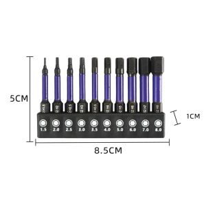 Cabezal del destornillador hexadecimal de 10 piezas Cabezal de lote magnético 1/4 Broca de destornillador de vástago H1.5-H6 Llave de destornillador neumático