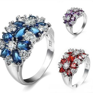 10 stks Holiday Gift Fire Blue Red Amethyst Paars Wit Kubieke Zirconia Crystal Gemstone Rusland 925 Sterling Zilveren Bruiloft Bloemringen