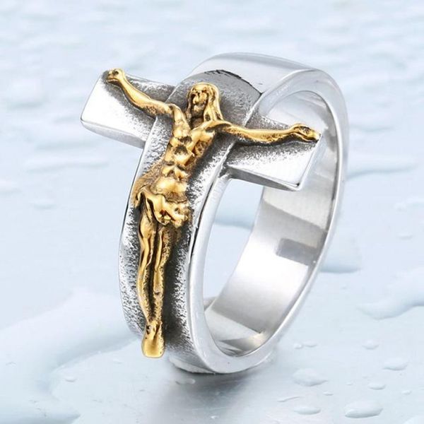 10 Uds. Anillo con cruz de Jesús para el dedo índice de los hombres, anillo de banda, joyería religiosa Retro creativa