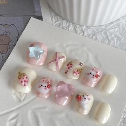 10 stks kawaii handgemaakte valse nagels met roze konijn aardbeiontwerp Koreaanse lijm korte pers op nep voor meisje met 240420