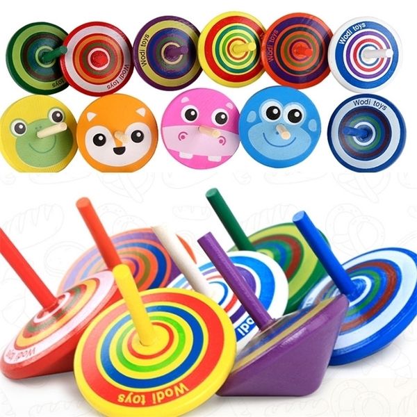 10pcs enfants mini dessins animés colorés pommes de pin en bois gyroscope jouets enfants adultes soulagement du stress bureau toupie jeu éducatif 220725