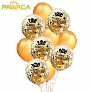 10 stks / partij 12 inch gouden confetti ballonnen kroon gelukkige verjaardag clear latex metallic pailletten helium bruiloft feest decor