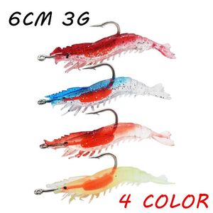 10pcs / lot 4 couleurs mélangées 6cm 3g crevettes appâts souples leurres gabarits crochet crochets de pêche appâts artificiels Pesca Tackle B7 43274v