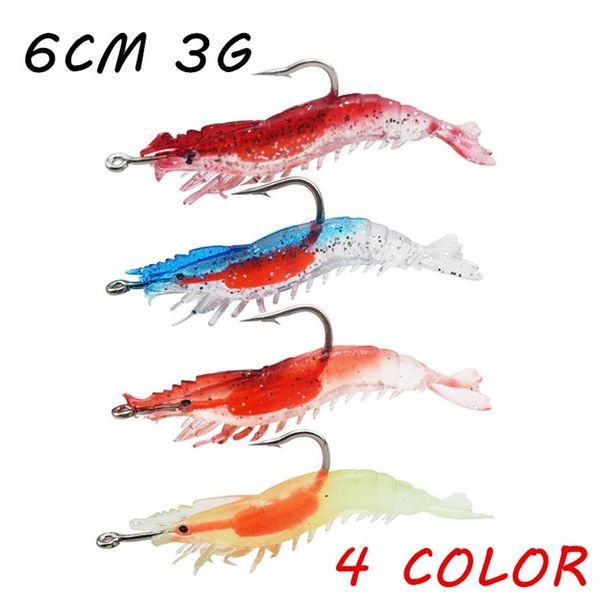 10pcs / lot 4 couleurs mélangées 6cm 3g crevettes appâts souples leurres gabarits crochet crochets de pêche appâts artificiels Pesca Tackle B7 43274v