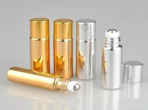 10-stcs/perceel 5 ml metalen roller-hervulbare fles voor etherische oliën UV Roll-on glazen flessen Goudzilverkleuren