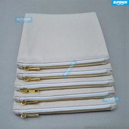 10pcs / lot 7x10 pouces sac cosmétique en coton naturel vierge 12 oz pochette à fermeture éclair en toile naturelle sac de maquillage vierge avec 5 # doré Me189k