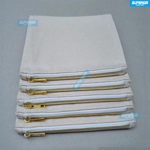 10pcs / lot 7x10 Pouces Sac Cosmétique En Coton Naturel Blanc 12 oz Pochette À Glissière En Toile Naturelle Trousse De Maquillage Vierge Avec 5 # Golden Me302w