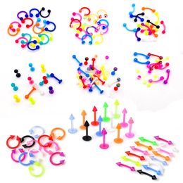 10Pcs/Lot Acrylic Colorful Nose Rings Lip Labret Piercing Barbell Tongue Ring Belly Ring Eyebrow Silicone Body Jewelry