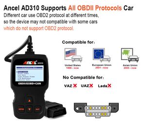 Lecteur de Code de défaut de moteur AD310, prise OBD2, protocoles OBD 2 EOBD améliorés, Can bus, Scanner de Diagnostic automatique, 10 pièces/lot