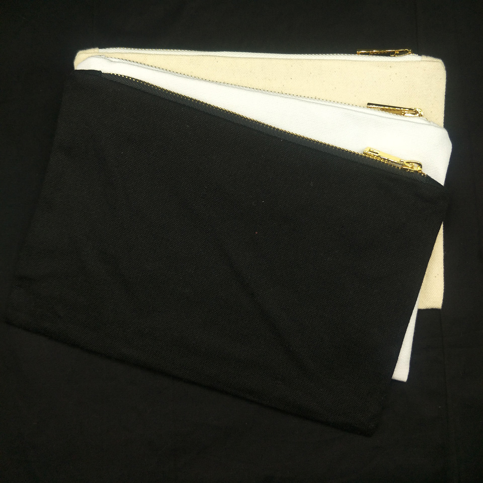10pcs/lot blank cotton canvas makeup bag natural cotton color/white/black 7x10in cotton cosmetic bags with gold zip matching color lining