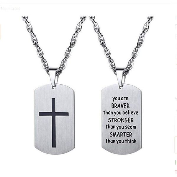 10pcs / lot Croix Dog Tag Gravé Bible Lettre En Acier Inoxydable pendentif collier Bijoux Chrétiens Baptême pour men311L