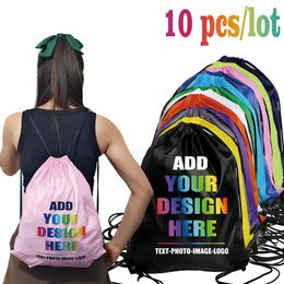 10 unids/lote, mochila personalizada con cordón, bolsa deportiva para viajes al aire libre, bolsa para zapatos de gimnasio, diseño de estampado, regalo personalizado 240322