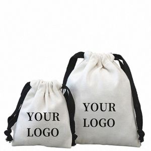 10 stks/partij Aangepaste logo witte canvas cott tas met zwart trekkoord gift bruiloft snoep verpakking zak opslag stofdichte zak J2S2 #