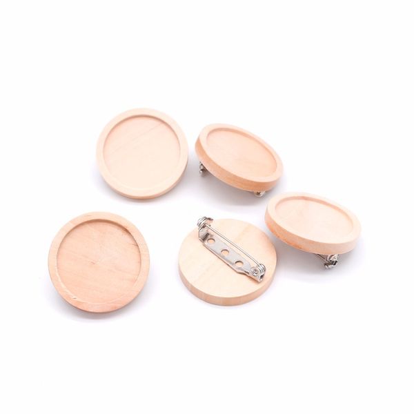 Lote de 10 Uds. De broche de cabujón de madera en blanco de 20, 25, 30 y 40mm, ajustes de Base, bandeja de bisel redondo, broches Diy, pines traseros para fabricación de joyas