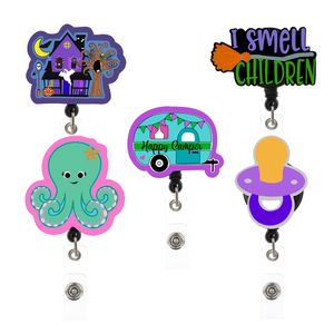 10 STKS/PARTIJ Halloween Vakantie Acryl Badge Reel Ghost Octopus Paciffer Vorm Badge Houder Reel voor Student Arts Verpleegkundige Ziekenhuis Kantoor Leverancier