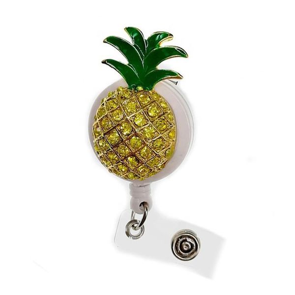 10pcs / lot porte-clés rétractable émail strass cristal jaune fruit forme d'ananas badge porte-bobine clip médical pour decorati223d