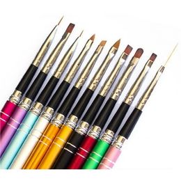 10pcs / lot Nail Art Brush Ensemble 10 couleurs différentes tailles Copper Handle Design Polish Nylon UV Gel Painting Nail Brosses