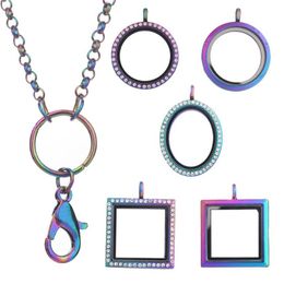 10pcs / lot couleur arc-en-ciel rond amulettes flottantes médaillon pendentif pour femmes collier mémoire magnétique médaillon en verre vivant avec chaînes Y12645