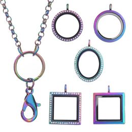 10pcs / lot couleur arc-en-ciel rond amulettes flottantes médaillon pendentif pour femmes collier mémoire magnétique médaillon en verre vivant avec chaînes Y1302I