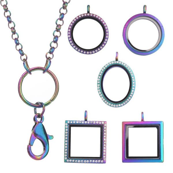 10pcs / lot couleur arc-en-ciel rond flottant charmes médaillon pendentif pour femmes collier mémoire magnétique médaillon en verre vivant avec chaînes Y12108