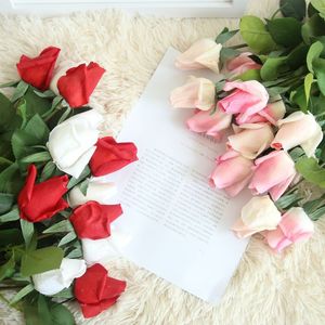 Longueur 56cm toucher réel soie artificielle bourgeon de rose simulation rose fleur décor à la maison mariage main tenant mariée faux bouquet de guirlande