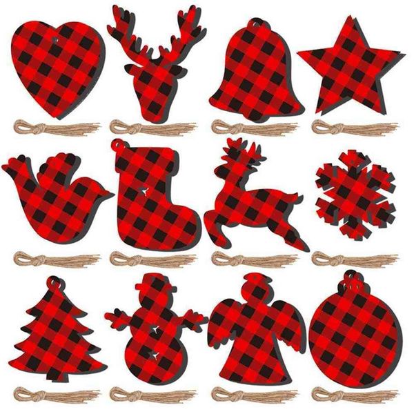 10 unids/lote rojo negro diseño de celosía decoración de Navidad árbol de Navidad colgante rejilla de madera copo de nieve sombrero de Navidad muñeco de nieve fiesta ornamentación del hogar venta