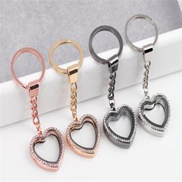 10PCS / lot Strass Coeur Pendentif Médaillon Flottant Avec Porte-clés Verre Vivant Charmes Magnétiques Médaillon Clé Chains220D