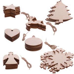 10 stks / partij Santa Claus Nowflake Star Boots Bells Kerstboom Opknoping Wooden Ornaments Party Christmas Decorations voor thuis