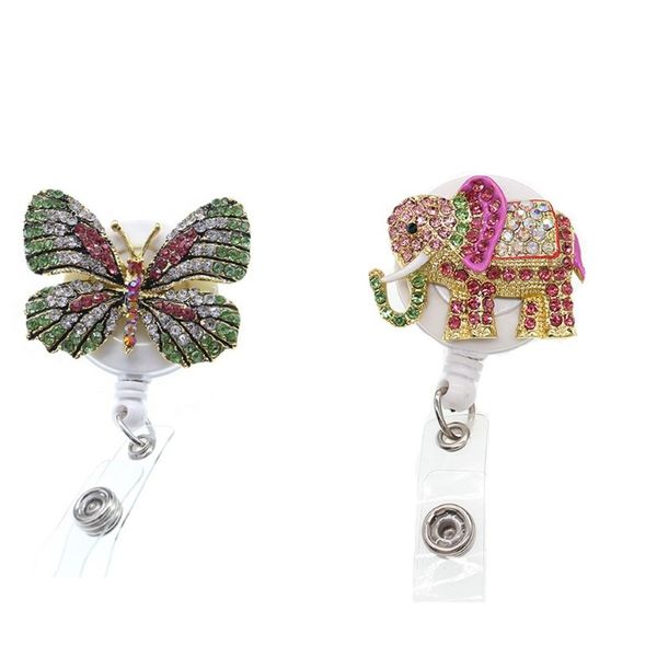 10pcs / lot porte-clés scintillants strass médecin symbole animal papillon forme d'éléphant porte-badge rétractable pour Nur224F