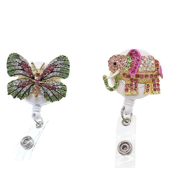 10 unids / lote Llaveros Brillantes Rhinestone Médico Símbolo Animal Mariposa Elefante Forma Retráctil Insignia Carrete Titular Para Nur168h