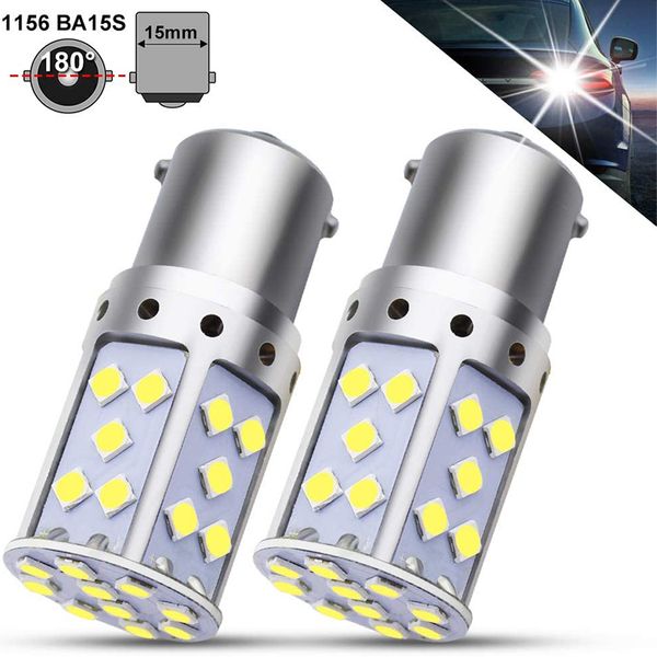 10 unids/lote bombillas LED superbrillantes 1156 P21W BA15S 3030 35SMD para coche amplio voltaje 12V 24V para luces de marcha atrás, luces de señal de giro