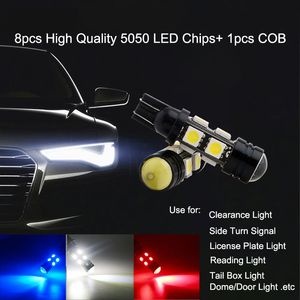 10 stks / partij Super Bright T10 5050 8SMD 1 stks COB LED-lampen voor auto kenteken Licht Leeskoepel Deurlampen 12V
