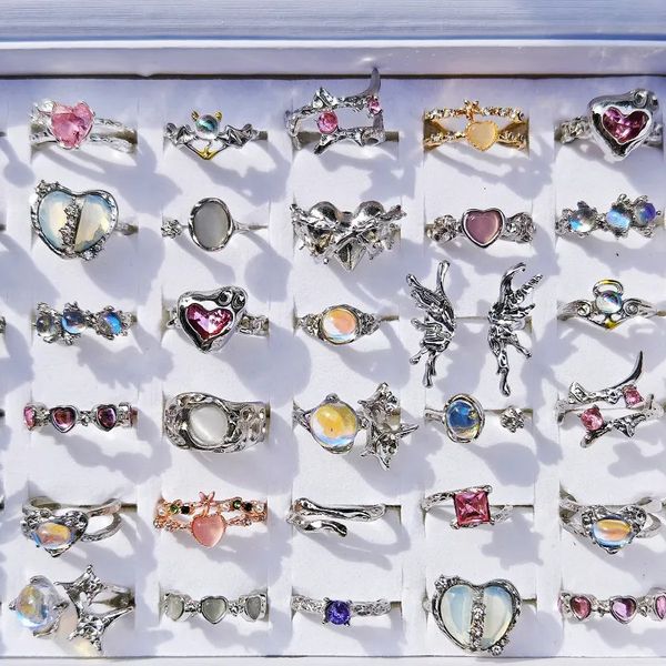 10pcs / lot à la mode créatif coeur oeil de chat opale anneaux pour femmes vintage irrégulier rose cristal géométrique anneau ouvert bijoux de mode 231021